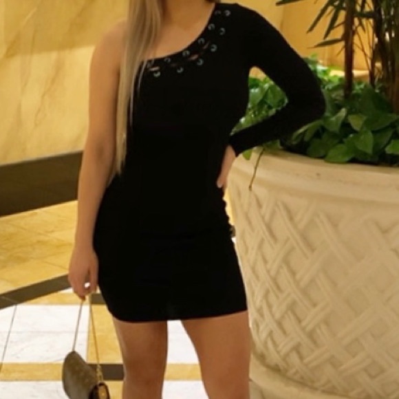 black dress with one long sleeve